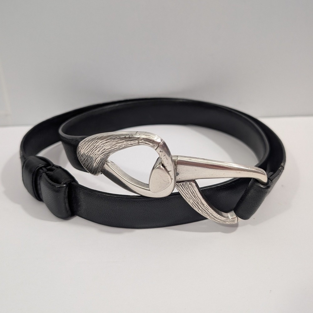 Chicos Black Genuine Leather Adjustable Belt Silver Sculptural Buckle S/M Chic